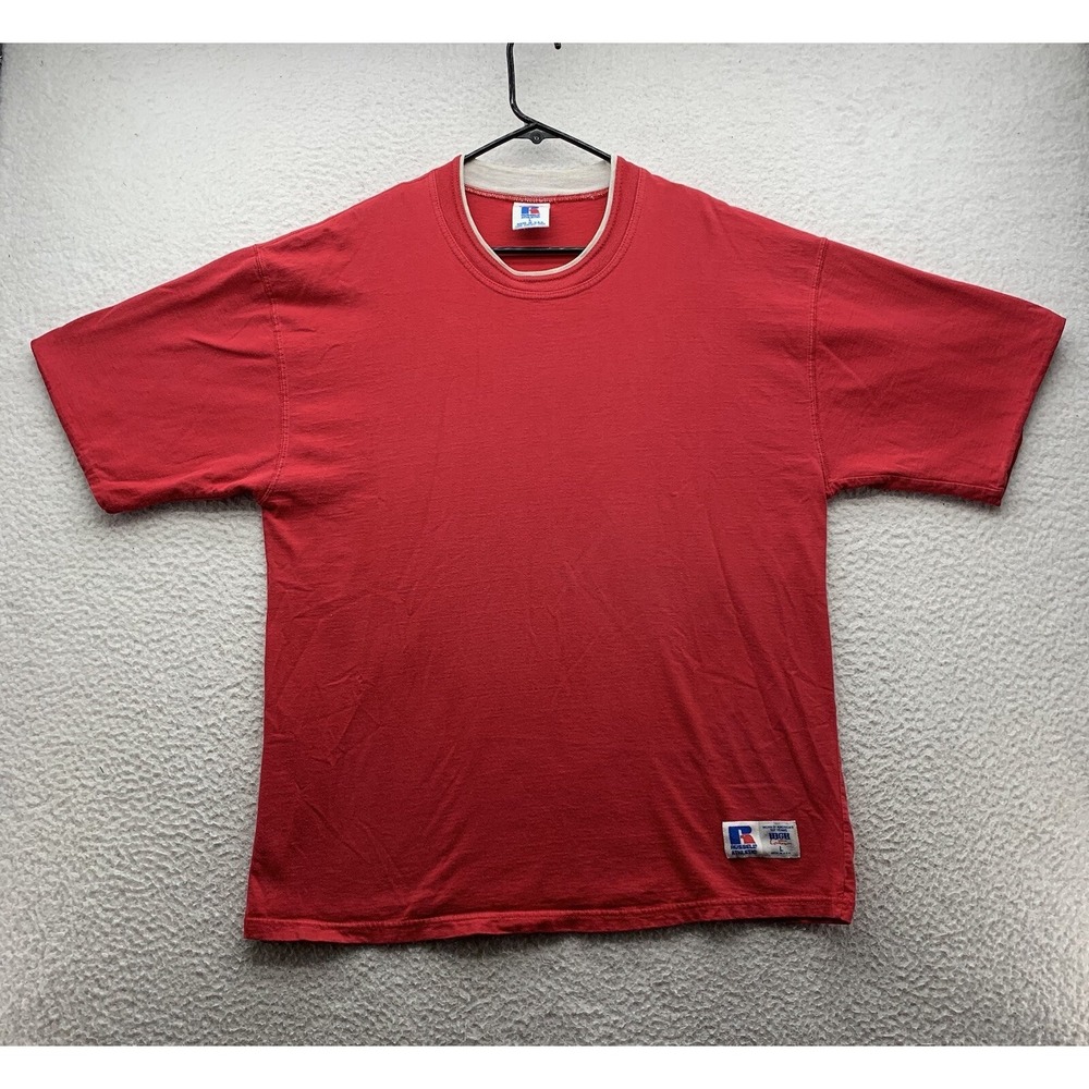 VTG Jerzees Blank T-Shirt Mens Large L High Cotton Red Double Sleeve Collar USA